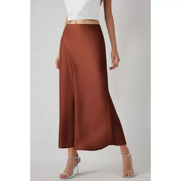 imagePRETTYGARDEN Womens Elegant Satin Skirt High Waist A Line Flowy Cocktail Party Flared Midi SkirtsBrown