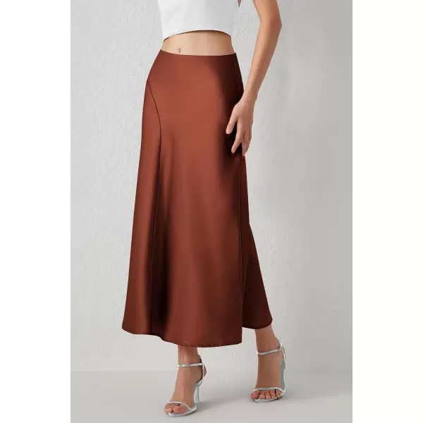 imagePRETTYGARDEN Womens Elegant Satin Skirt High Waist A Line Flowy Cocktail Party Flared Midi SkirtsBrown
