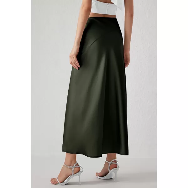 imagePRETTYGARDEN Womens Elegant Satin Skirt High Waist A Line Flowy Cocktail Party Flared Midi SkirtsDark Army Green