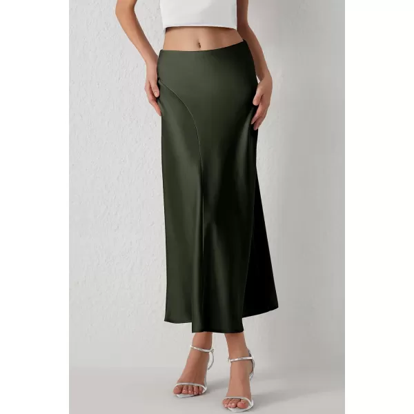 imagePRETTYGARDEN Womens Elegant Satin Skirt High Waist A Line Flowy Cocktail Party Flared Midi SkirtsDark Army Green