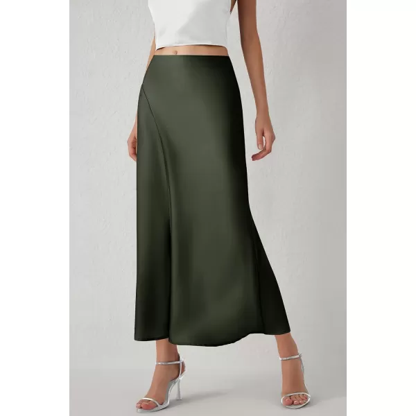 imagePRETTYGARDEN Womens Elegant Satin Skirt High Waist A Line Flowy Cocktail Party Flared Midi SkirtsDark Army Green