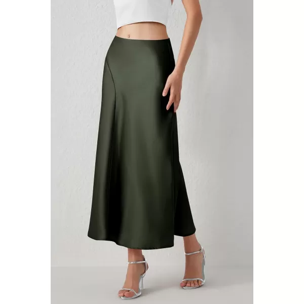 imagePRETTYGARDEN Womens Elegant Satin Skirt High Waist A Line Flowy Cocktail Party Flared Midi SkirtsDark Army Green