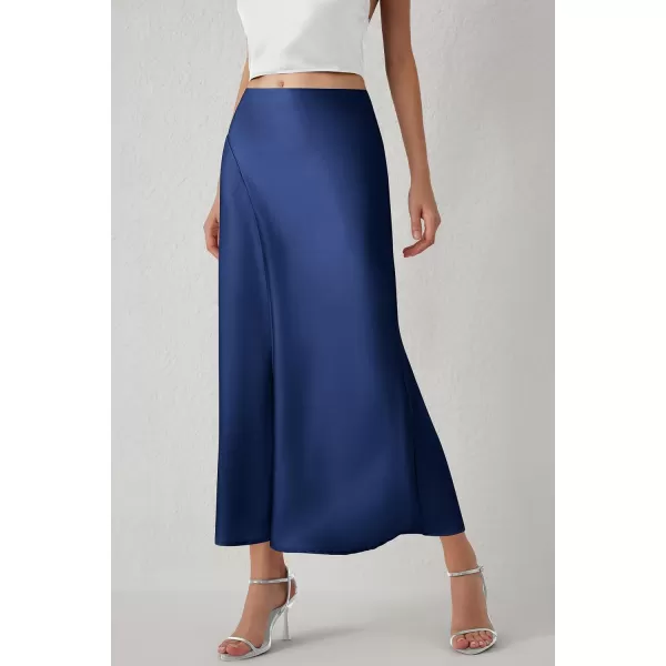 imagePRETTYGARDEN Womens Elegant Satin Skirt High Waist A Line Flowy Cocktail Party Flared Midi SkirtsNavy
