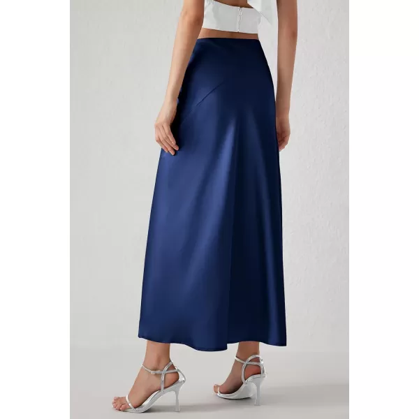 imagePRETTYGARDEN Womens Elegant Satin Skirt High Waist A Line Flowy Cocktail Party Flared Midi SkirtsNavy