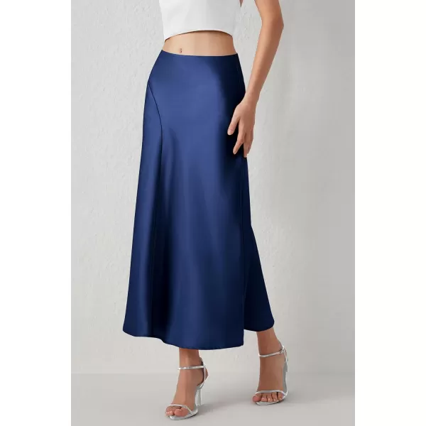 imagePRETTYGARDEN Womens Elegant Satin Skirt High Waist A Line Flowy Cocktail Party Flared Midi SkirtsNavy