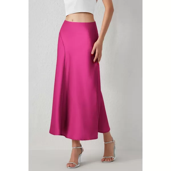 imagePRETTYGARDEN Womens Elegant Satin Skirt High Waist A Line Flowy Cocktail Party Flared Midi SkirtsRose Red
