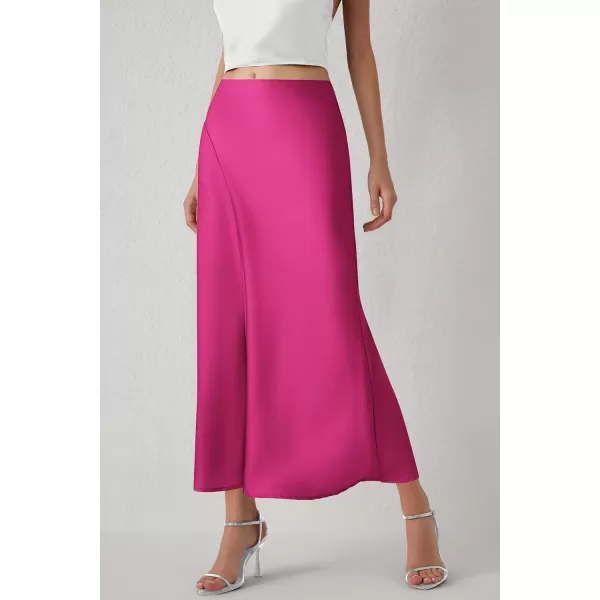 imagePRETTYGARDEN Womens Elegant Satin Skirt High Waist A Line Flowy Cocktail Party Flared Midi SkirtsRose Red