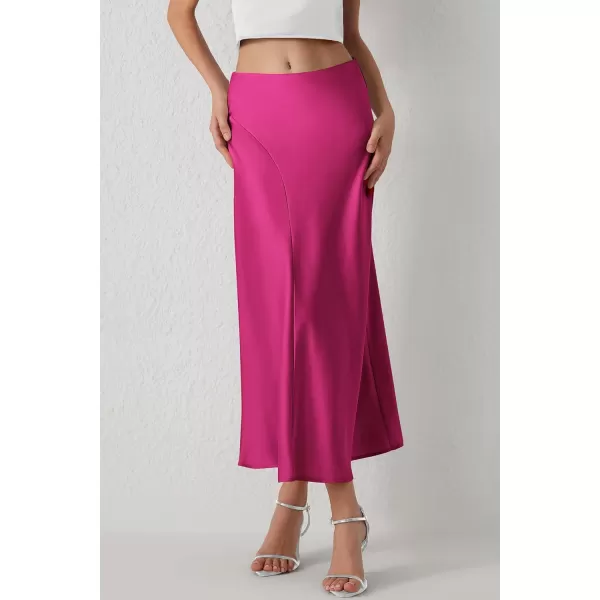 imagePRETTYGARDEN Womens Elegant Satin Skirt High Waist A Line Flowy Cocktail Party Flared Midi SkirtsRose Red