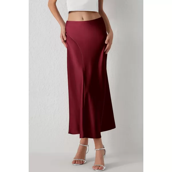 imagePRETTYGARDEN Womens Elegant Satin Skirt High Waist A Line Flowy Cocktail Party Flared Midi SkirtsWine Red