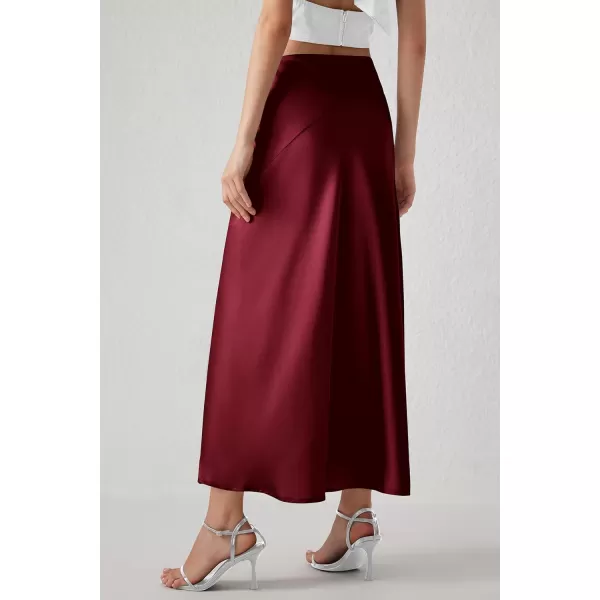 imagePRETTYGARDEN Womens Elegant Satin Skirt High Waist A Line Flowy Cocktail Party Flared Midi SkirtsWine Red