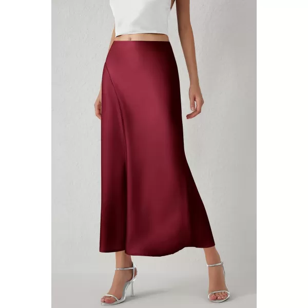 imagePRETTYGARDEN Womens Elegant Satin Skirt High Waist A Line Flowy Cocktail Party Flared Midi SkirtsWine Red