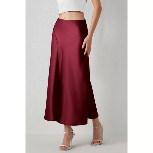 imagePRETTYGARDEN Womens Elegant Satin Skirt High Waist A Line Flowy Cocktail Party Flared Midi SkirtsWine Red