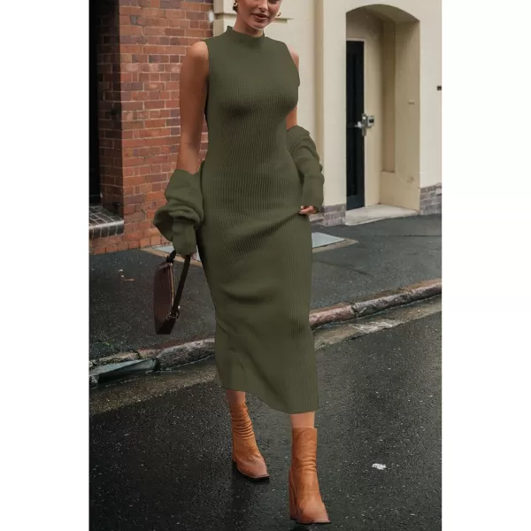imagePRETTYGARDEN Womens Fall 2 Piece Outfits Bodycon Maxi Tank Pullover Sweater Dress And Long Sleeve Cropped Cardigan Knit SetsArmy Green