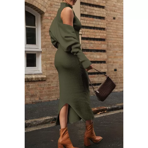 imagePRETTYGARDEN Womens Fall 2 Piece Outfits Bodycon Maxi Tank Pullover Sweater Dress And Long Sleeve Cropped Cardigan Knit SetsArmy Green
