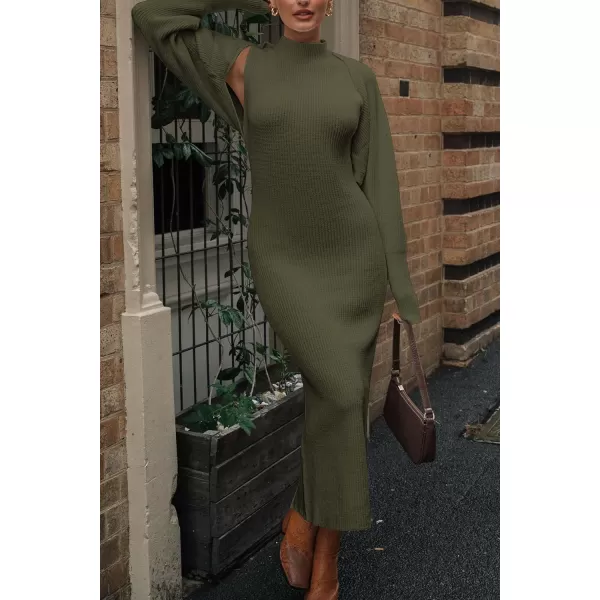 imagePRETTYGARDEN Womens Fall 2 Piece Outfits Bodycon Maxi Tank Pullover Sweater Dress And Long Sleeve Cropped Cardigan Knit SetsArmy Green