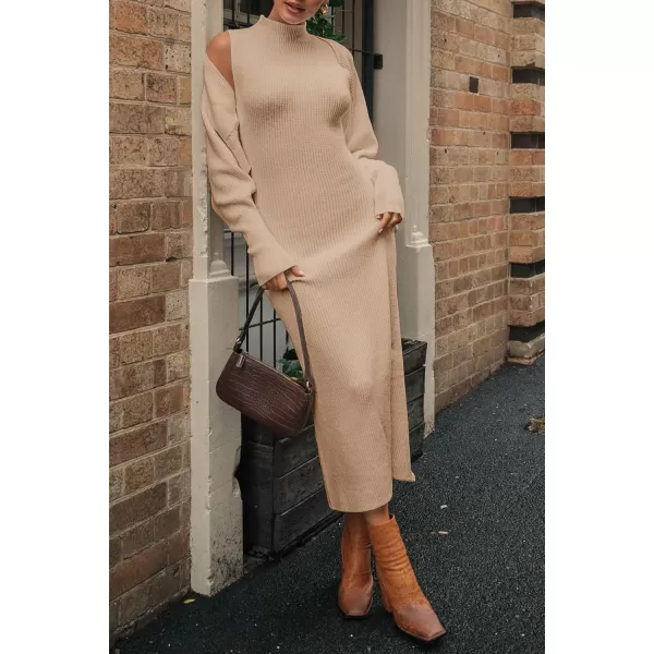 imagePRETTYGARDEN Womens Fall 2 Piece Outfits Bodycon Maxi Tank Pullover Sweater Dress And Long Sleeve Cropped Cardigan Knit SetsBeige