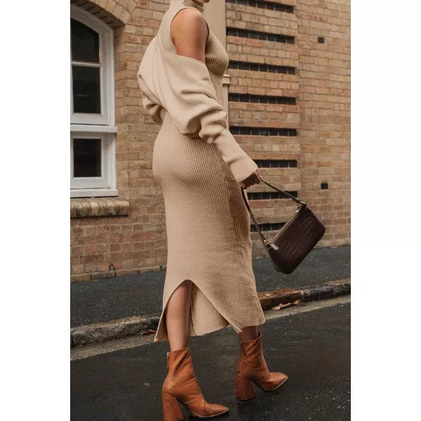 imagePRETTYGARDEN Womens Fall 2 Piece Outfits Bodycon Maxi Tank Pullover Sweater Dress And Long Sleeve Cropped Cardigan Knit SetsBeige