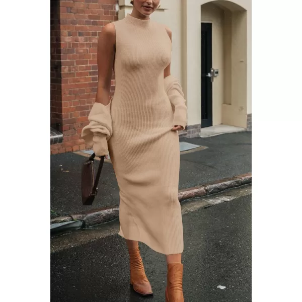 imagePRETTYGARDEN Womens Fall 2 Piece Outfits Bodycon Maxi Tank Pullover Sweater Dress And Long Sleeve Cropped Cardigan Knit SetsBeige