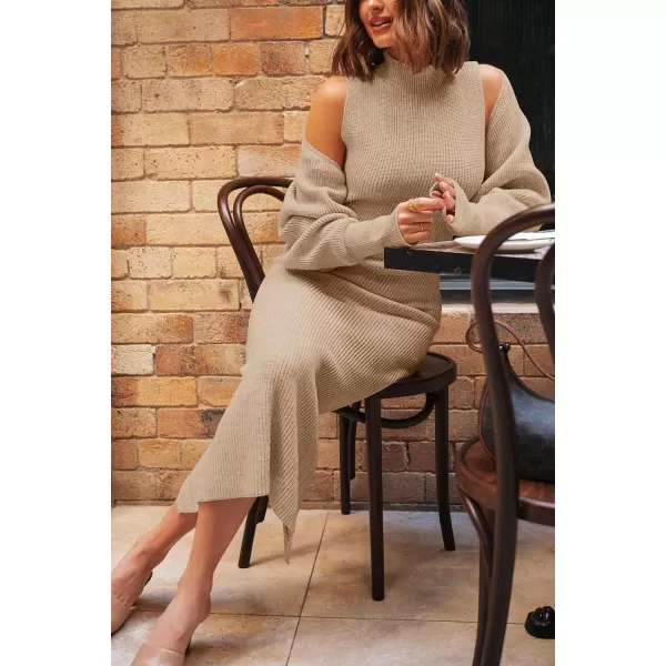 imagePRETTYGARDEN Womens Fall 2 Piece Outfits Bodycon Maxi Tank Pullover Sweater Dress And Long Sleeve Cropped Cardigan Knit SetsBeige