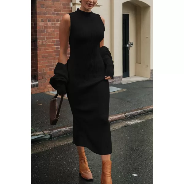imagePRETTYGARDEN Womens Fall 2 Piece Outfits Bodycon Maxi Tank Pullover Sweater Dress And Long Sleeve Cropped Cardigan Knit SetsBlack