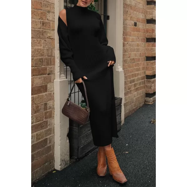 imagePRETTYGARDEN Womens Fall 2 Piece Outfits Bodycon Maxi Tank Pullover Sweater Dress And Long Sleeve Cropped Cardigan Knit SetsBlack