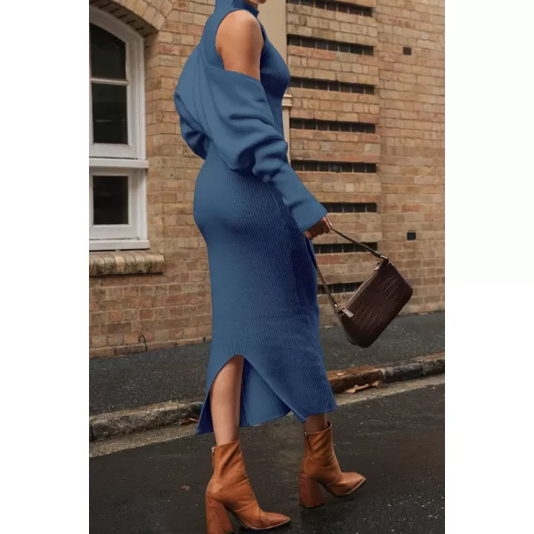 imagePRETTYGARDEN Womens Fall 2 Piece Outfits Bodycon Maxi Tank Pullover Sweater Dress And Long Sleeve Cropped Cardigan Knit SetsBlue