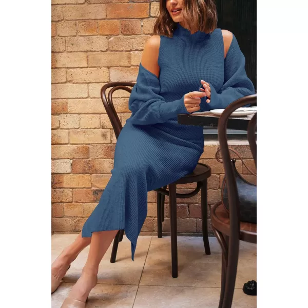 imagePRETTYGARDEN Womens Fall 2 Piece Outfits Bodycon Maxi Tank Pullover Sweater Dress And Long Sleeve Cropped Cardigan Knit SetsBlue