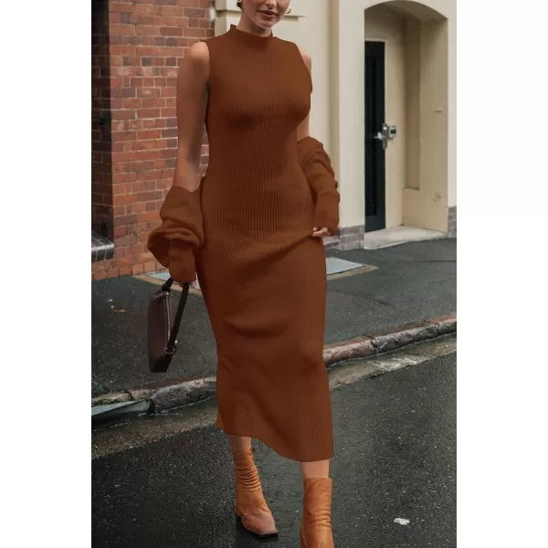 imagePRETTYGARDEN Womens Fall 2 Piece Outfits Bodycon Maxi Tank Pullover Sweater Dress And Long Sleeve Cropped Cardigan Knit SetsCaramel