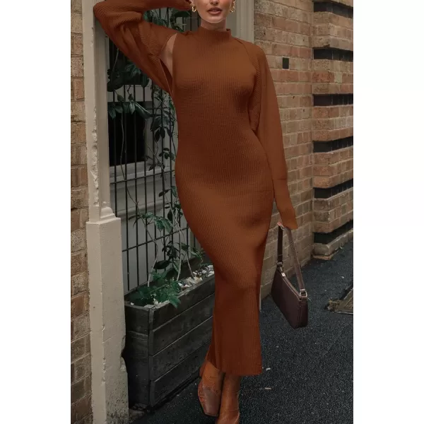 imagePRETTYGARDEN Womens Fall 2 Piece Outfits Bodycon Maxi Tank Pullover Sweater Dress And Long Sleeve Cropped Cardigan Knit SetsCaramel