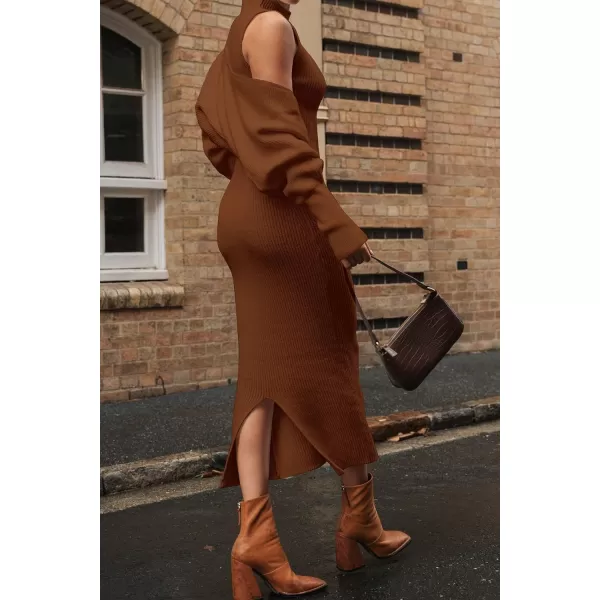 imagePRETTYGARDEN Womens Fall 2 Piece Outfits Bodycon Maxi Tank Pullover Sweater Dress And Long Sleeve Cropped Cardigan Knit SetsCaramel