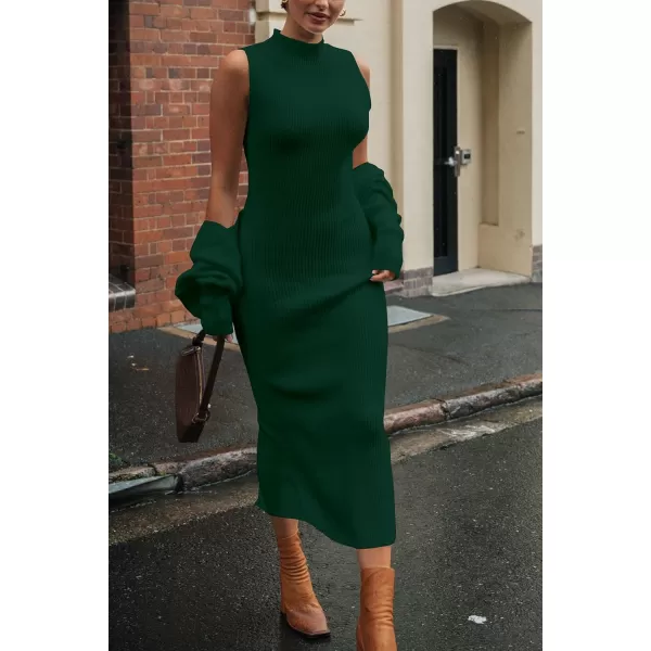 imagePRETTYGARDEN Womens Fall 2 Piece Outfits Bodycon Maxi Tank Pullover Sweater Dress And Long Sleeve Cropped Cardigan Knit SetsDark Green