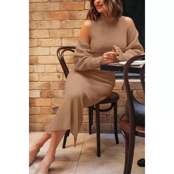 imagePRETTYGARDEN Womens Fall 2 Piece Outfits Bodycon Maxi Tank Pullover Sweater Dress And Long Sleeve Cropped Cardigan Knit SetsKhaki