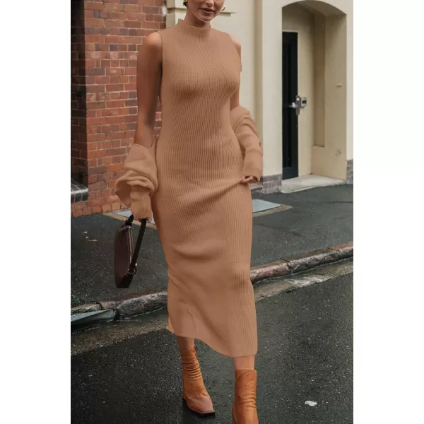 imagePRETTYGARDEN Womens Fall 2 Piece Outfits Bodycon Maxi Tank Pullover Sweater Dress And Long Sleeve Cropped Cardigan Knit SetsKhaki