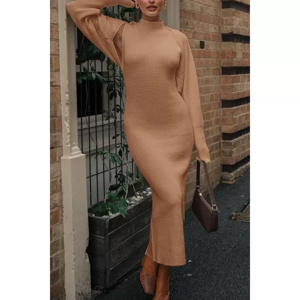 imagePRETTYGARDEN Womens Fall 2 Piece Outfits Bodycon Maxi Tank Pullover Sweater Dress And Long Sleeve Cropped Cardigan Knit SetsKhaki