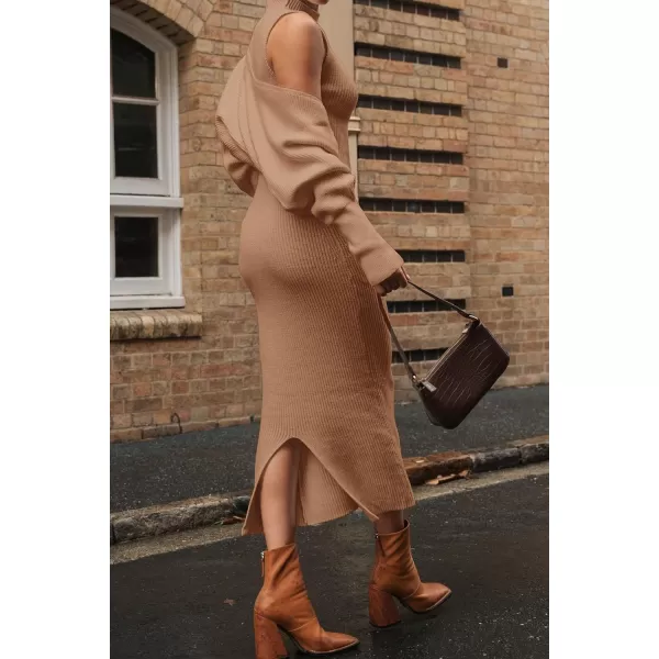 imagePRETTYGARDEN Womens Fall 2 Piece Outfits Bodycon Maxi Tank Pullover Sweater Dress And Long Sleeve Cropped Cardigan Knit SetsKhaki