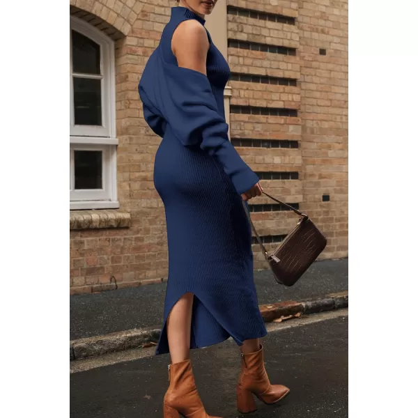 imagePRETTYGARDEN Womens Fall 2 Piece Outfits Bodycon Maxi Tank Pullover Sweater Dress And Long Sleeve Cropped Cardigan Knit SetsNavy