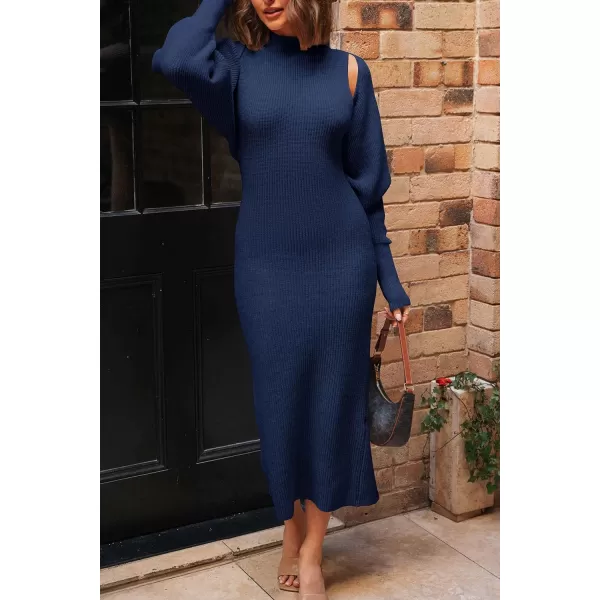 imagePRETTYGARDEN Womens Fall 2 Piece Outfits Bodycon Maxi Tank Pullover Sweater Dress And Long Sleeve Cropped Cardigan Knit SetsNavy