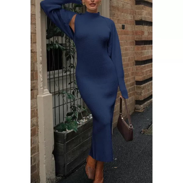 imagePRETTYGARDEN Womens Fall 2 Piece Outfits Bodycon Maxi Tank Pullover Sweater Dress And Long Sleeve Cropped Cardigan Knit SetsNavy