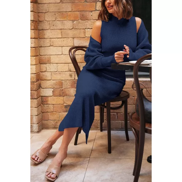 imagePRETTYGARDEN Womens Fall 2 Piece Outfits Bodycon Maxi Tank Pullover Sweater Dress And Long Sleeve Cropped Cardigan Knit SetsNavy