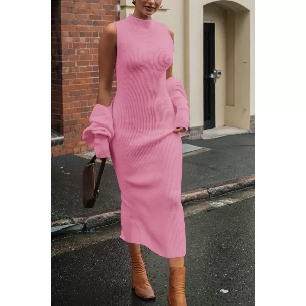 imagePRETTYGARDEN Womens Fall 2 Piece Outfits Bodycon Maxi Tank Pullover Sweater Dress And Long Sleeve Cropped Cardigan Knit SetsPink