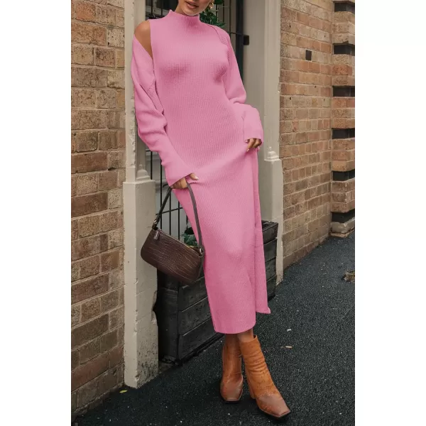 imagePRETTYGARDEN Womens Fall 2 Piece Outfits Bodycon Maxi Tank Pullover Sweater Dress And Long Sleeve Cropped Cardigan Knit SetsPink