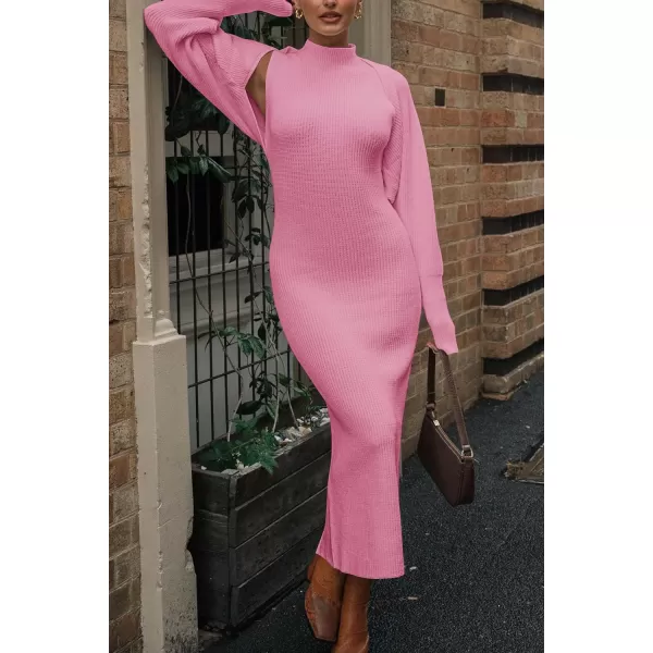 imagePRETTYGARDEN Womens Fall 2 Piece Outfits Bodycon Maxi Tank Pullover Sweater Dress And Long Sleeve Cropped Cardigan Knit SetsPink
