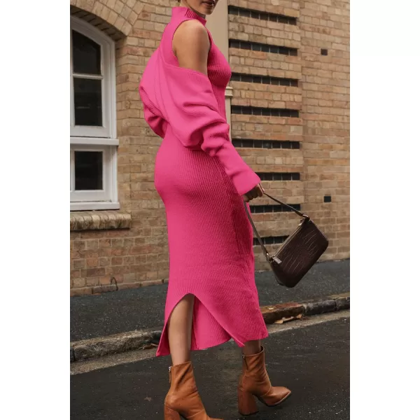 imagePRETTYGARDEN Womens Fall 2 Piece Outfits Bodycon Maxi Tank Pullover Sweater Dress And Long Sleeve Cropped Cardigan Knit SetsRose Red