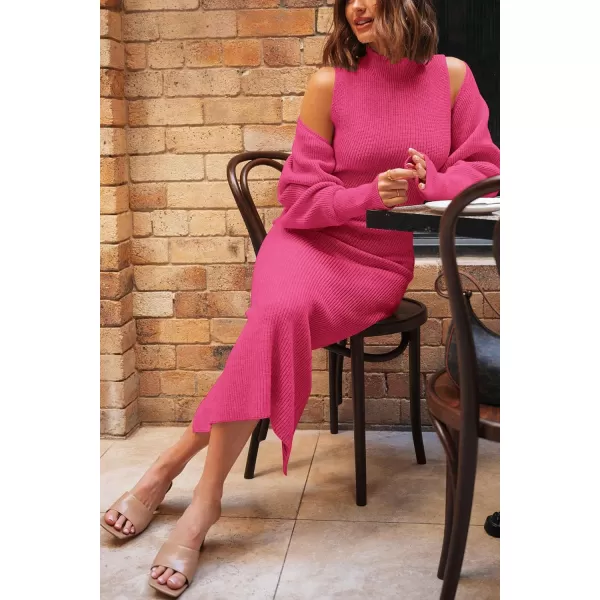 imagePRETTYGARDEN Womens Fall 2 Piece Outfits Bodycon Maxi Tank Pullover Sweater Dress And Long Sleeve Cropped Cardigan Knit SetsRose Red
