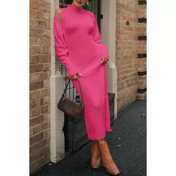 imagePRETTYGARDEN Womens Fall 2 Piece Outfits Bodycon Maxi Tank Pullover Sweater Dress And Long Sleeve Cropped Cardigan Knit SetsRose Red