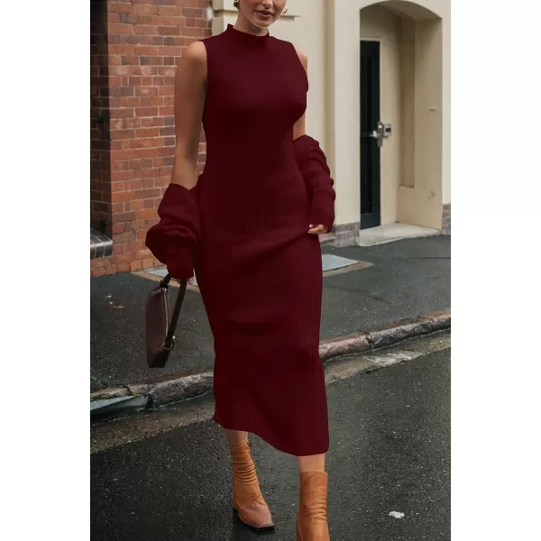 imagePRETTYGARDEN Womens Fall 2 Piece Outfits Bodycon Maxi Tank Pullover Sweater Dress And Long Sleeve Cropped Cardigan Knit SetsWine Red