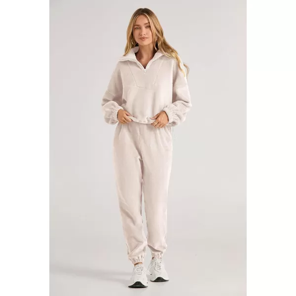 imagePRETTYGARDEN Womens Fall 2 Piece Outfits Fleece Sweatsuits Set Half Zip Cropped Sweatshirt Pullover Sweatpants Y2K TracksuitBeige