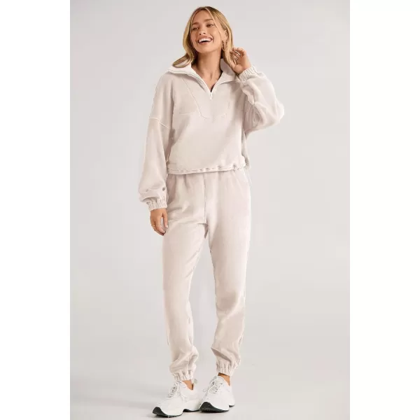 imagePRETTYGARDEN Womens Fall 2 Piece Outfits Fleece Sweatsuits Set Half Zip Cropped Sweatshirt Pullover Sweatpants Y2K TracksuitBeige
