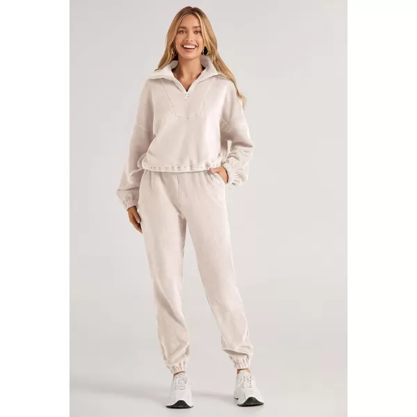 imagePRETTYGARDEN Womens Fall 2 Piece Outfits Fleece Sweatsuits Set Half Zip Cropped Sweatshirt Pullover Sweatpants Y2K TracksuitBeige
