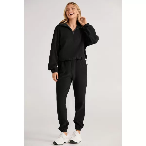 imagePRETTYGARDEN Womens Fall 2 Piece Outfits Fleece Sweatsuits Set Half Zip Cropped Sweatshirt Pullover Sweatpants Y2K TracksuitBlack
